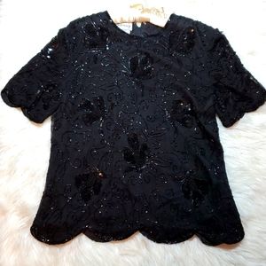 Vintage Stenay 100% SILK black beaded top blouse in excellent condition size L